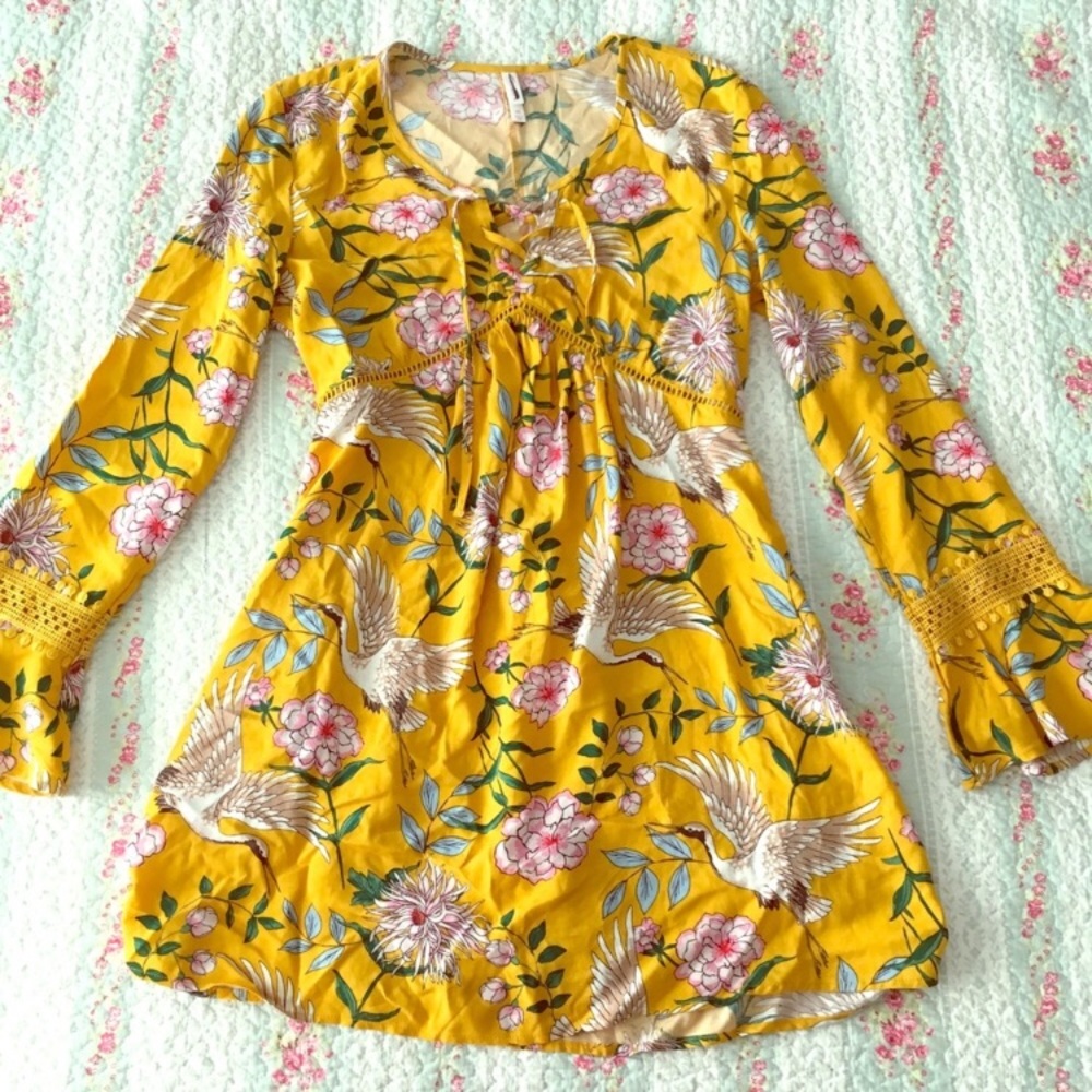 Yellow Floral Bird Bell Sleeve Mini Boho Dress